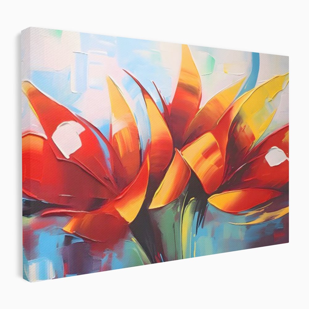 Tablou canvas cu pictura abstracta cu flori portocalii, fara rama, pe sasiu de lemn